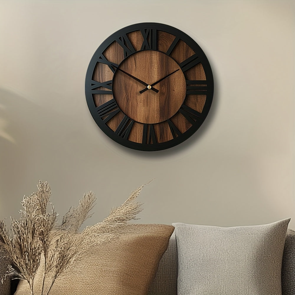 Wooden Wall Clock Round Open Hand Design Silent Movement Natural Wood