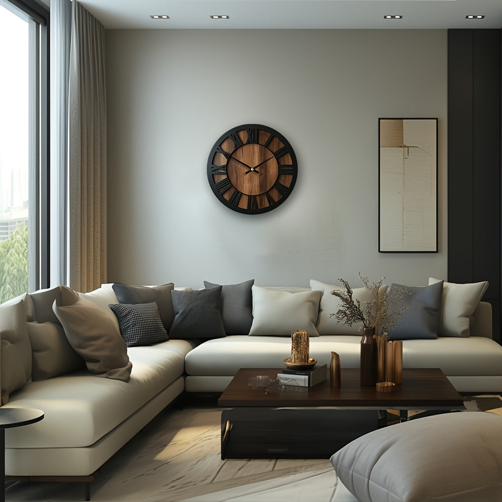 Wooden Wall Clock Round Open Hand Design Silent Movement Natural Wood