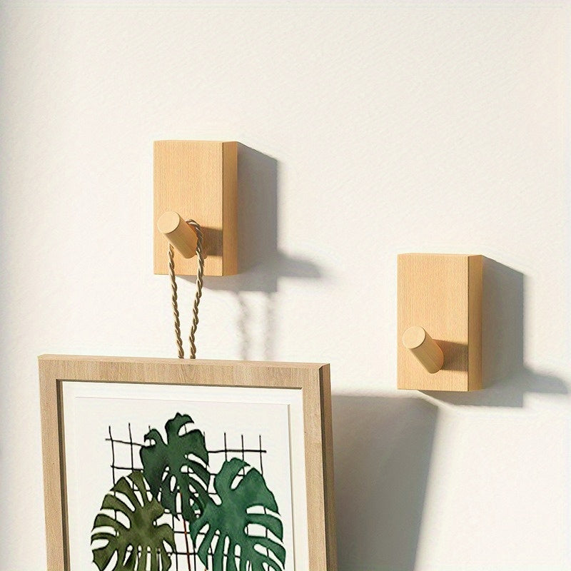 Wall Hooks Set of 2 Self Adhesive Solid Wood Household Storage