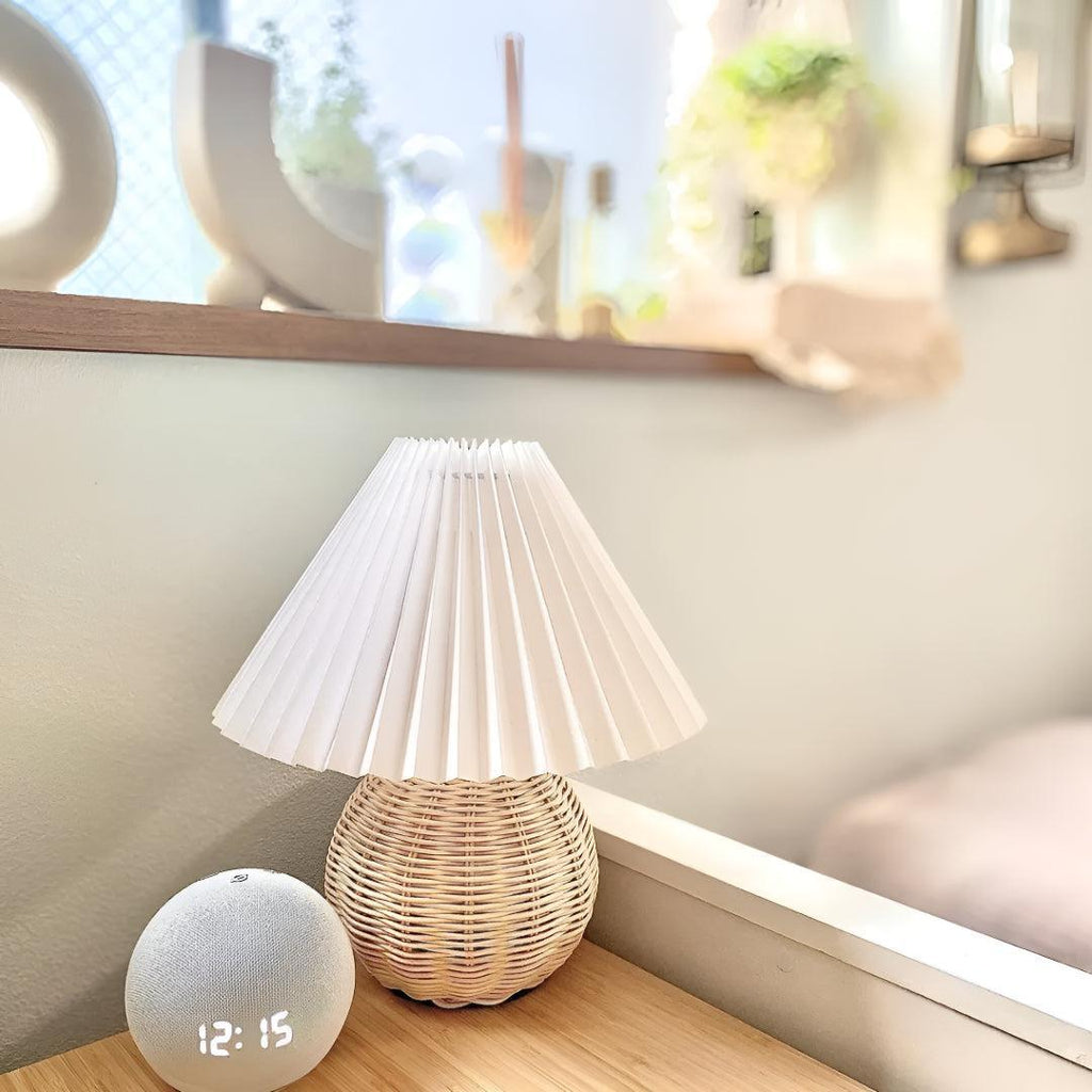Table Lamp Woven Rattan LED Plug In Bedside Light