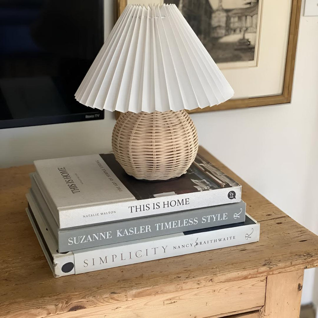 Table Lamp Woven Rattan LED Plug In Bedside Light