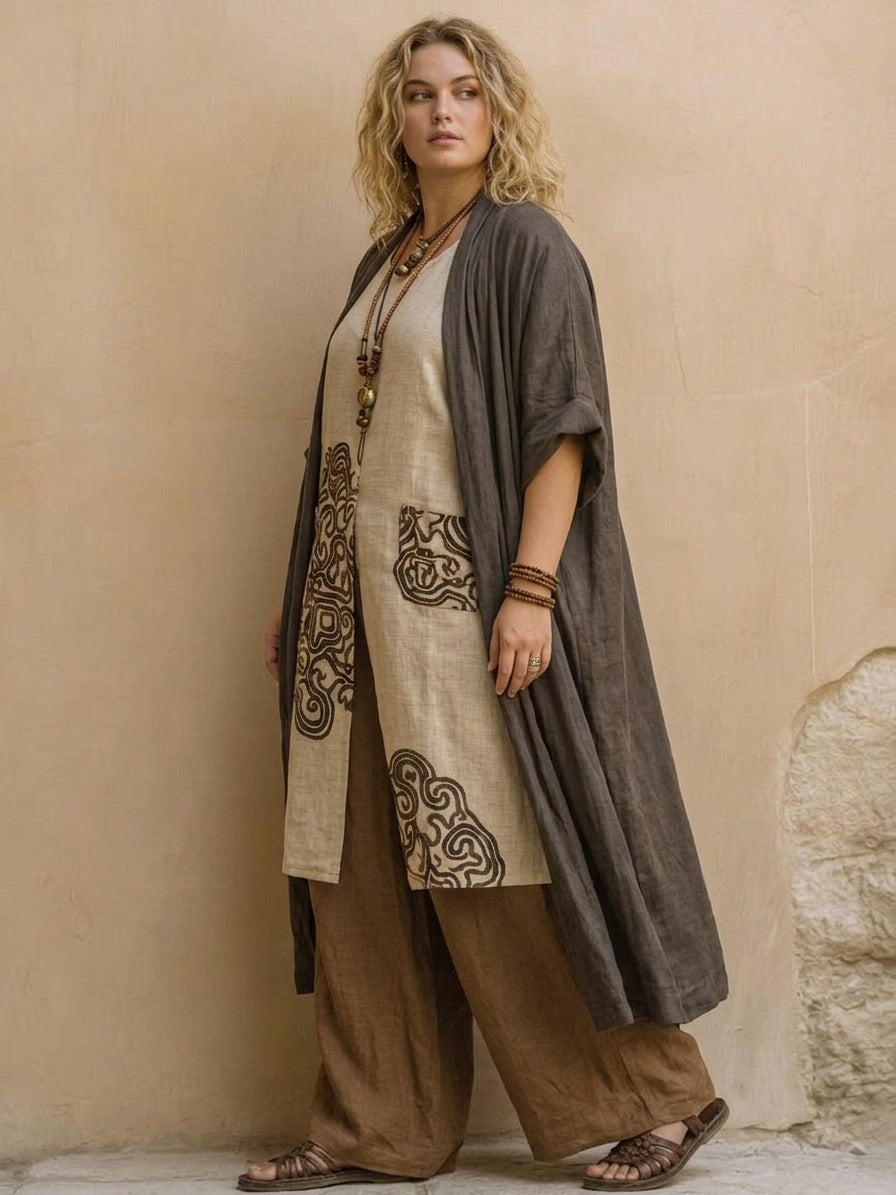 Elegant Three-Piece Set for Women Tribal-Print Wide-Leg Duster