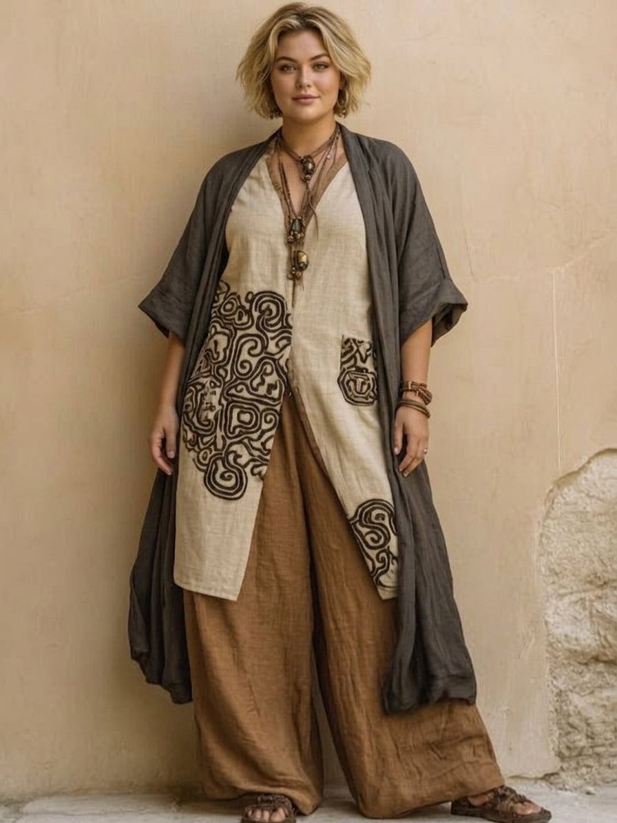 Elegant Three-Piece Set for Women Tribal-Print Wide-Leg Duster