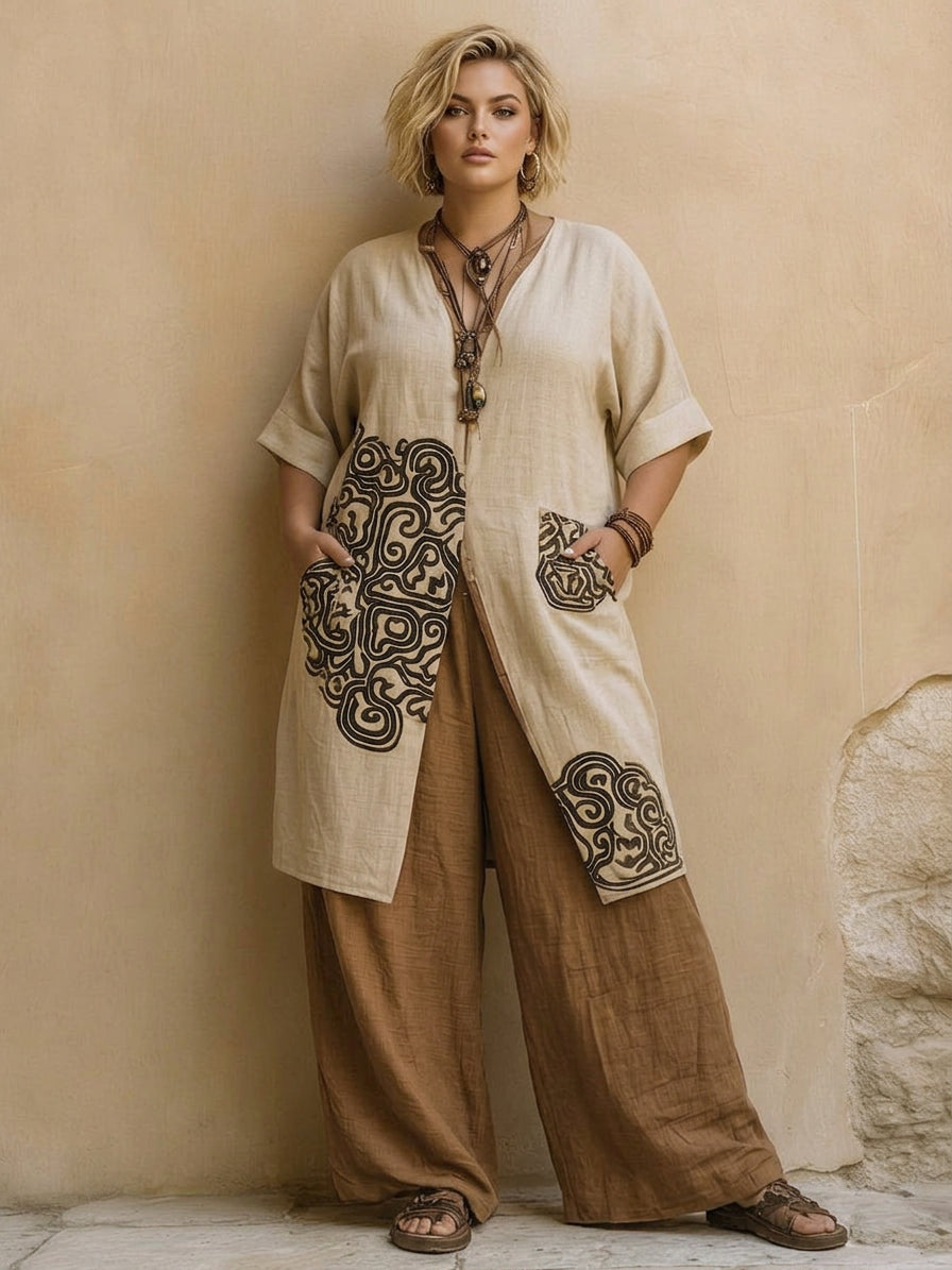 Elegant Three-Piece Set for Women Tribal-Print Wide-Leg Duster