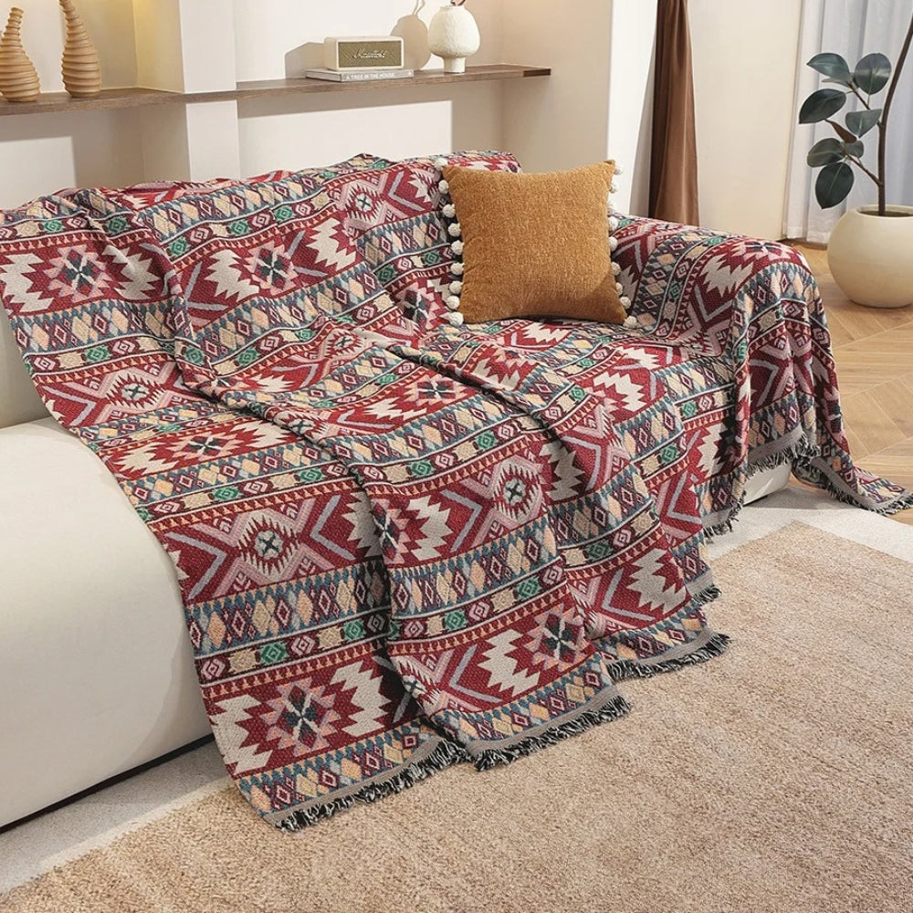 Zarela: Soft Chenille Boho-Style Sofa Cover with Jacquard Pattern & Decorative Fringes – for Sofa & Living Room