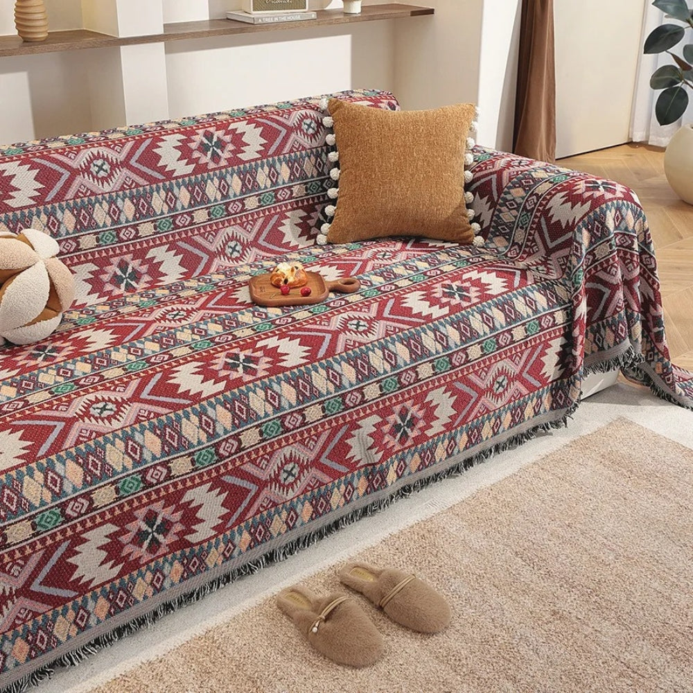 Zarela: Soft Chenille Boho-Style Sofa Cover with Jacquard Pattern & Decorative Fringes – for Sofa & Living Room