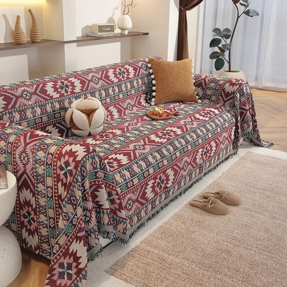 Zarela: Soft Chenille Boho-Style Sofa Cover with Jacquard Pattern & Decorative Fringes – for Sofa & Living Room