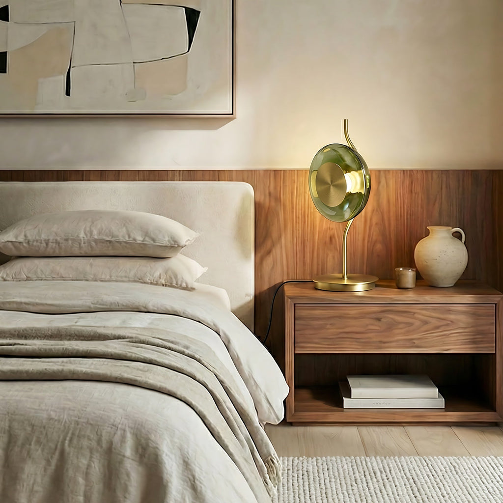 Curved-Stem Brass Table Lamp with Green Glass Shade
