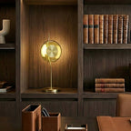 Curved-Stem Brass Table Lamp with Green Glass Shade