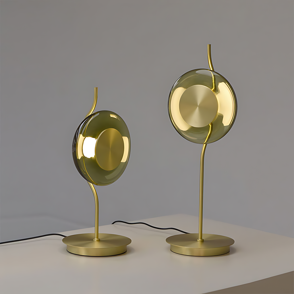 Curved-Stem Brass Table Lamp with Green Glass Shade