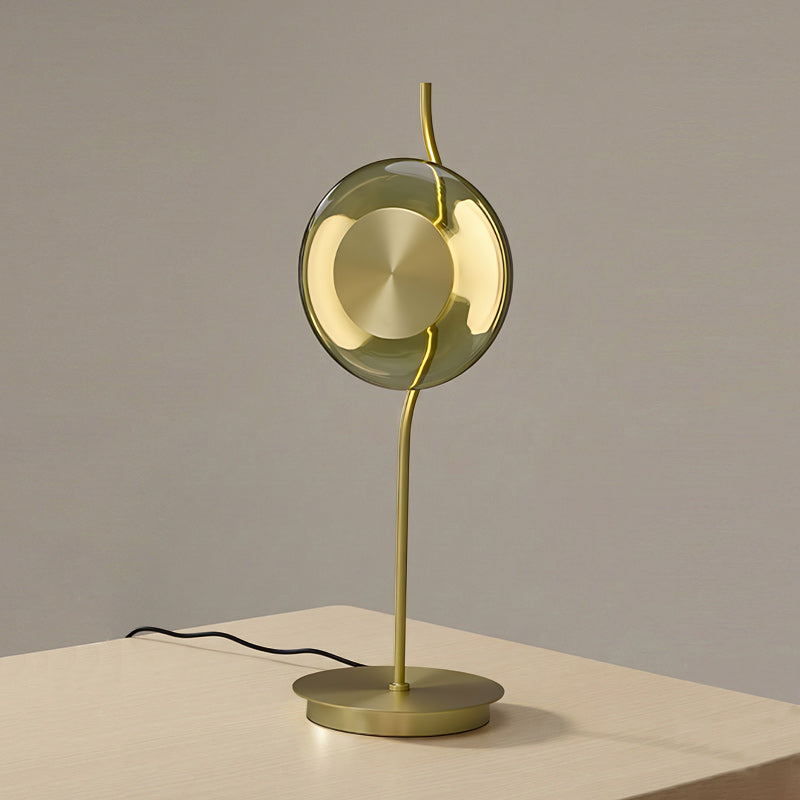 Curved-Stem Brass Table Lamp with Green Glass Shade