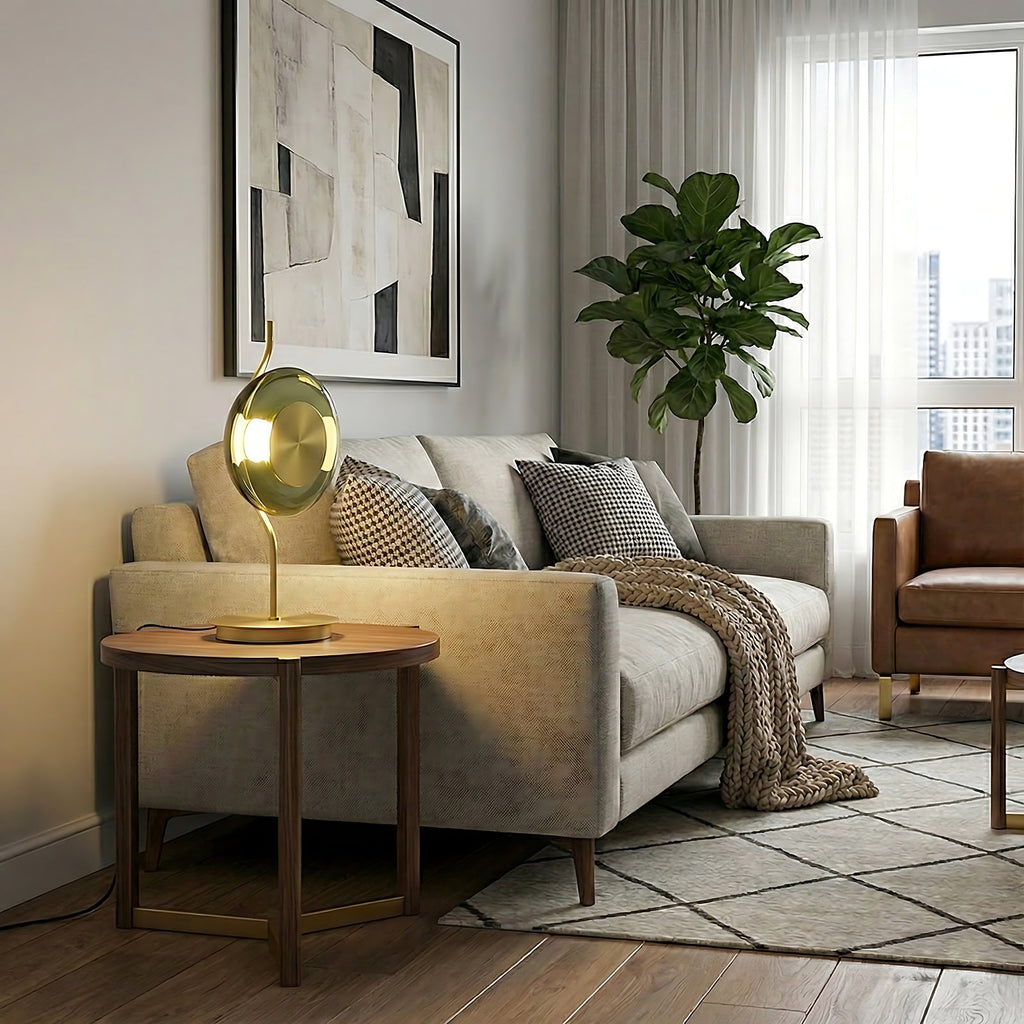 Curved-Stem Brass Table Lamp with Green Glass Shade