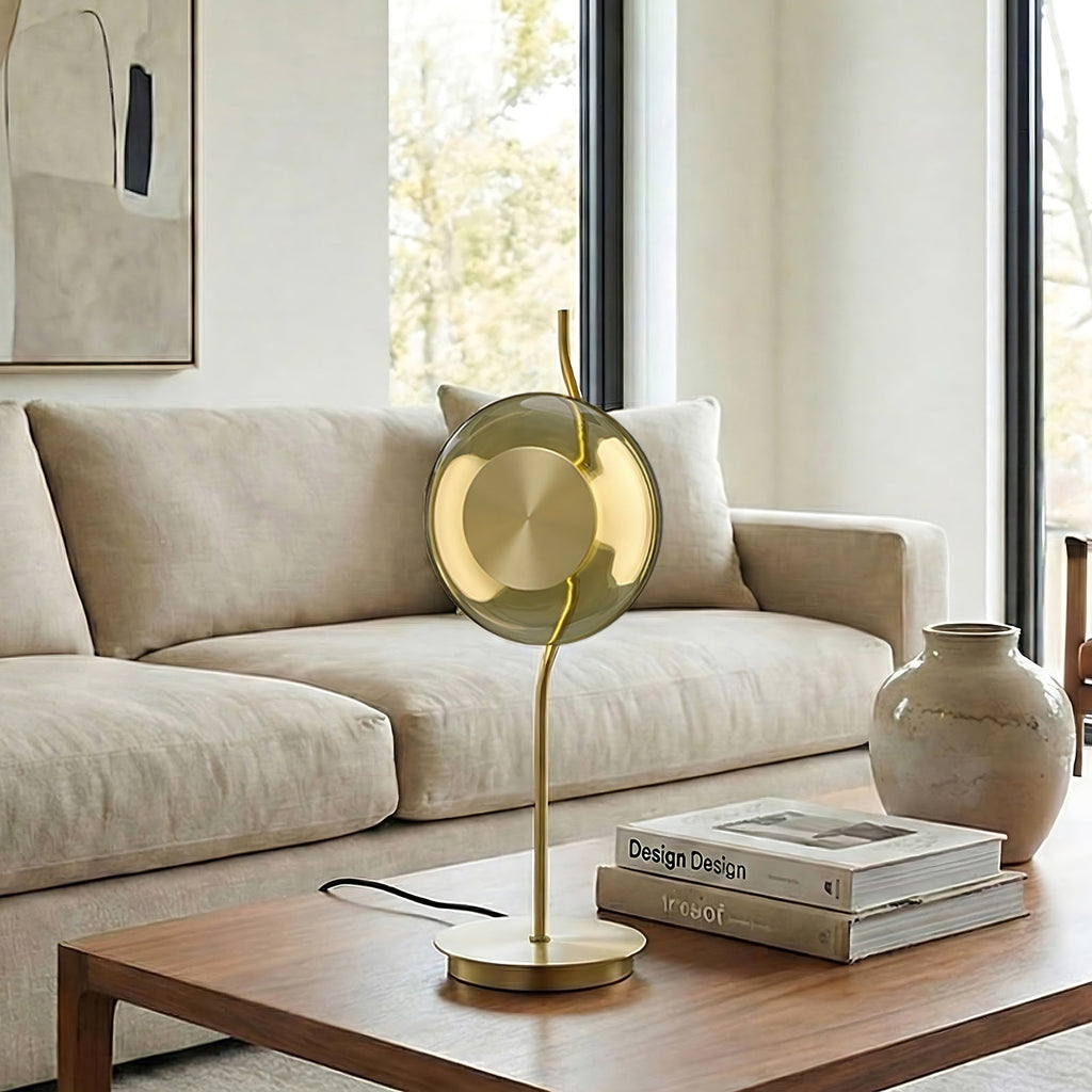 Curved-Stem Brass Table Lamp with Green Glass Shade