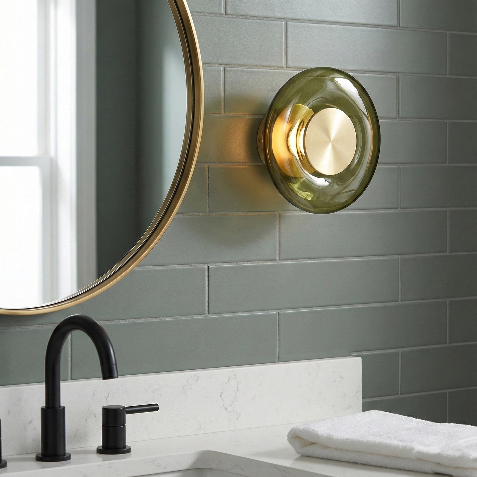 Sculptural Green Glass LED Wall Sconce in Copper