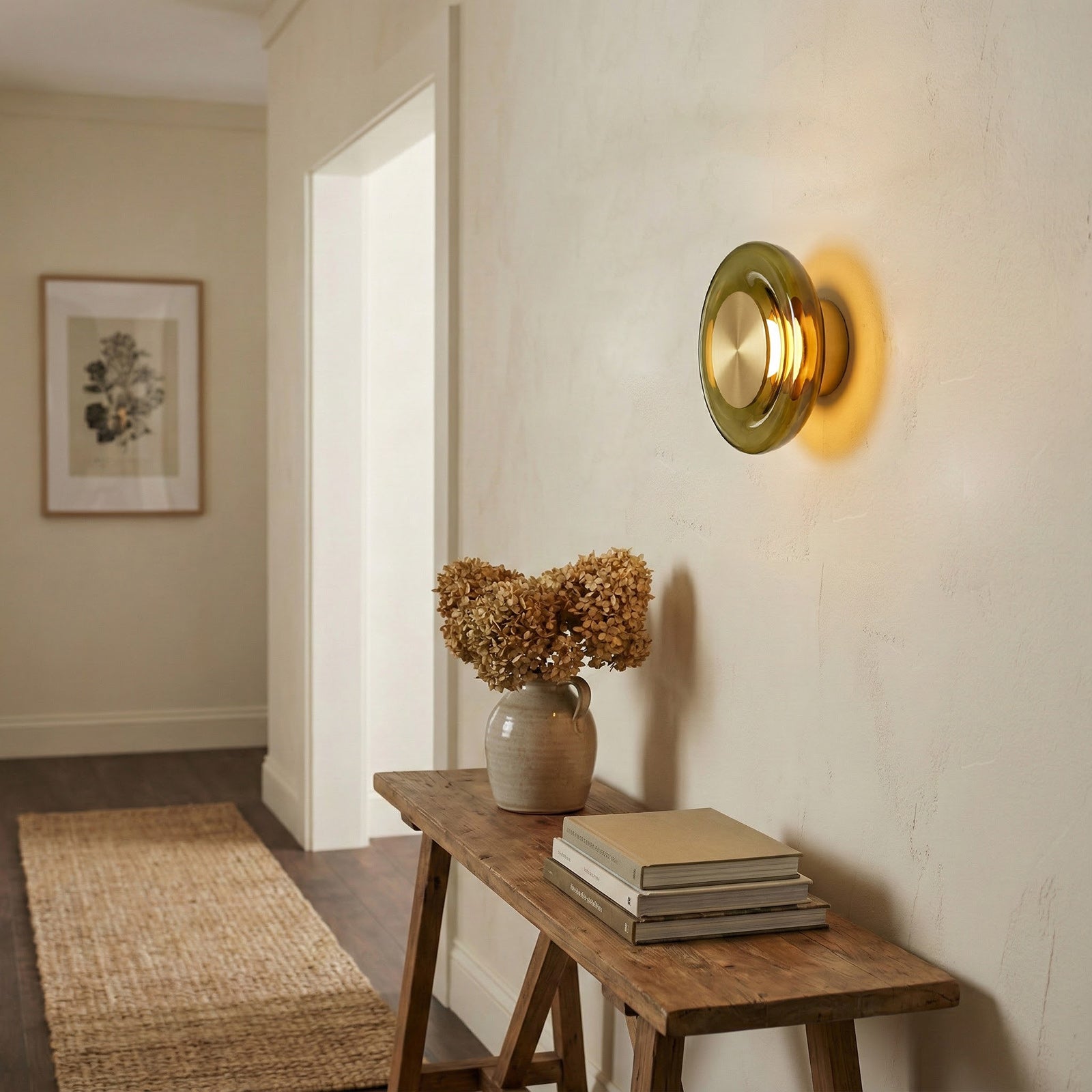 Sculptural Green Glass LED Wall Sconce in Copper