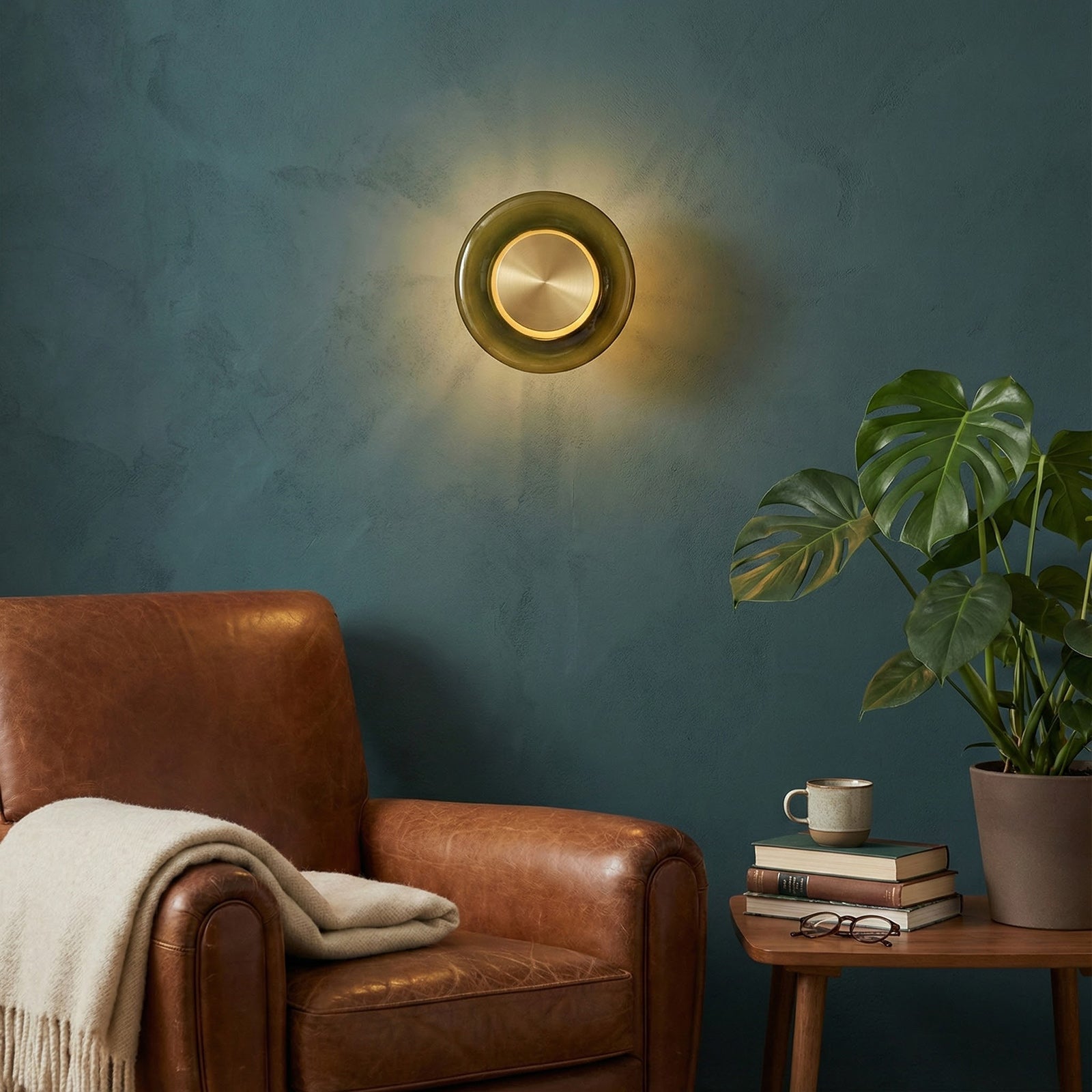 Sculptural Green Glass LED Wall Sconce in Copper