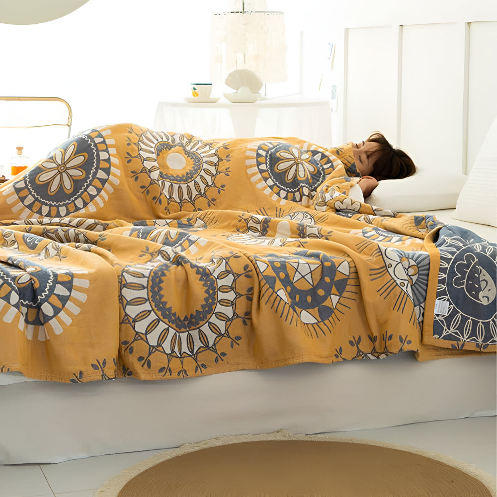 ZenKreis: Cotton Blankets Made from Cotton with Decorative Mandala Pattern & Four-Layer Gauze – for Bedroom & Lounge