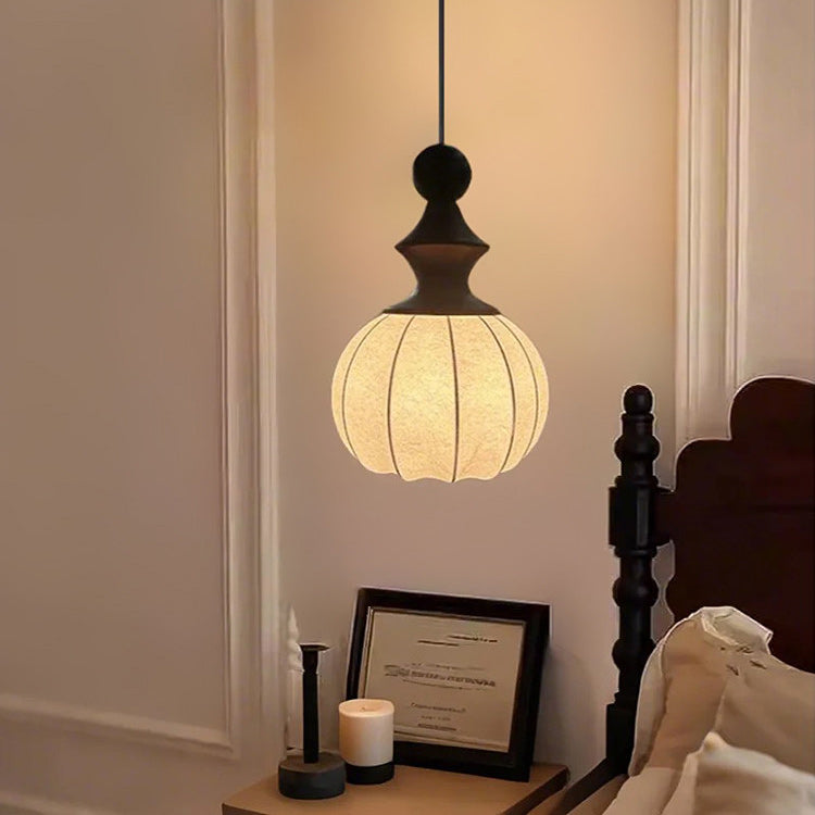 Ribbed Silk Lantern Pendant Light with Wood Cap