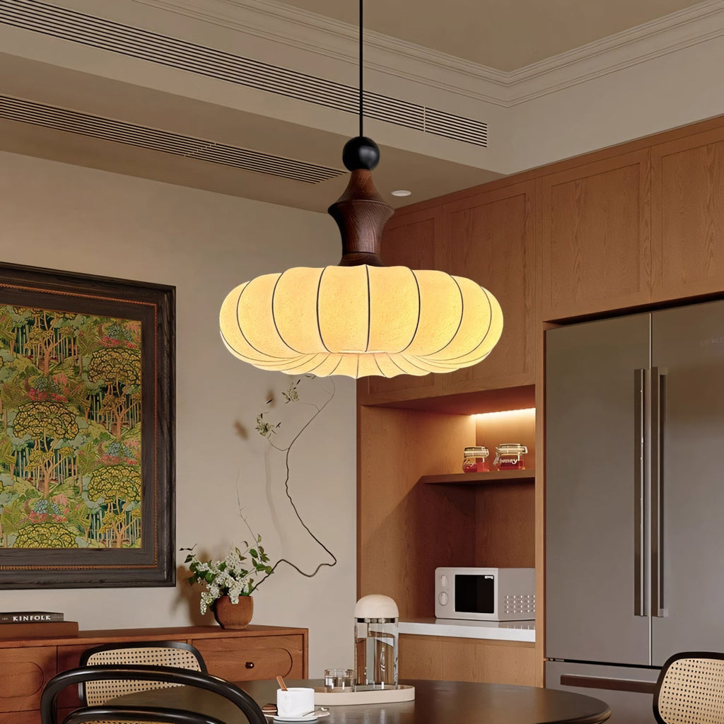 Ribbed Silk Lantern Pendant Light with Wood Cap
