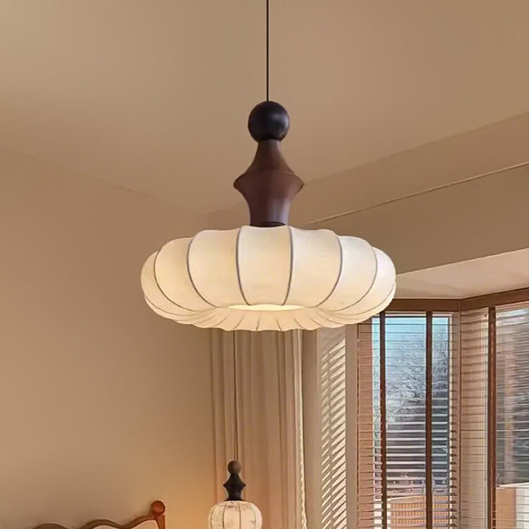 Ribbed Silk Lantern Pendant Light with Wood Cap