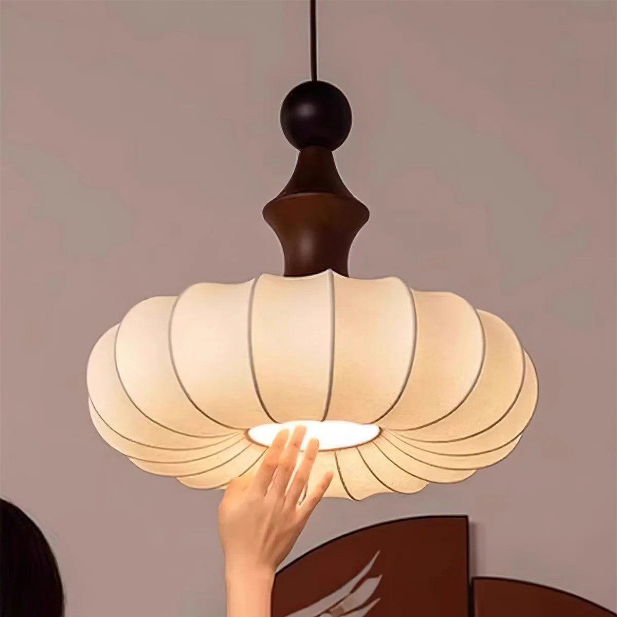 Ribbed Silk Lantern Pendant Light with Wood Cap