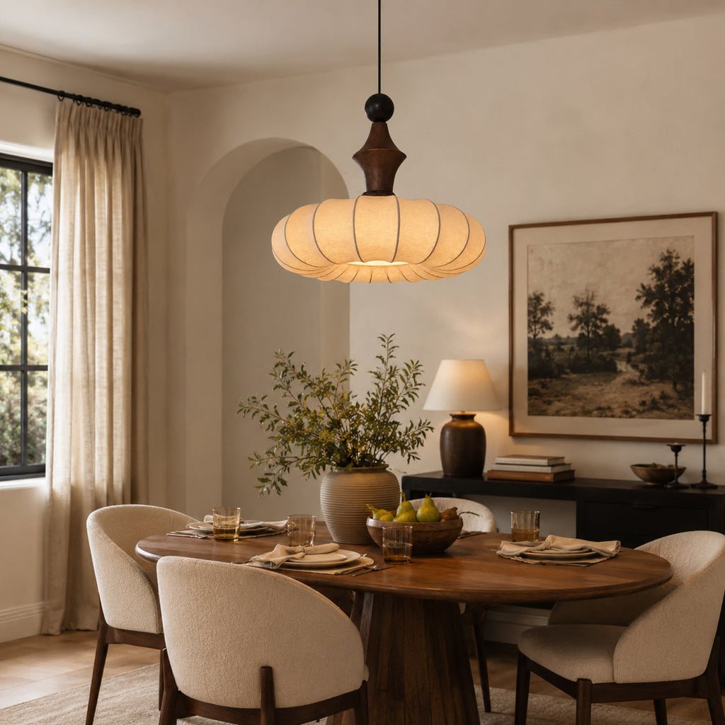 Ribbed Silk Lantern Pendant Light with Wood Cap