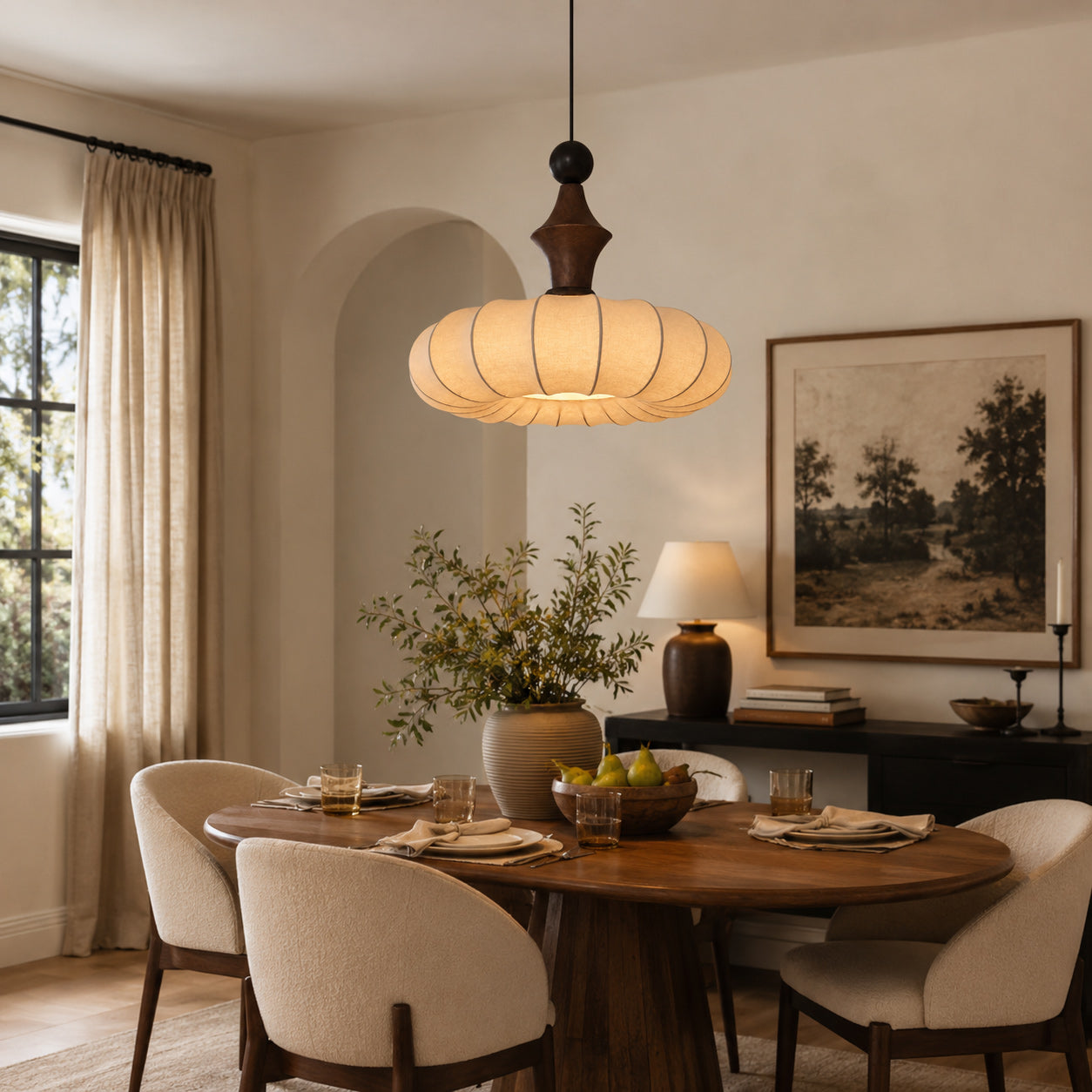 Ribbed Silk Lantern Pendant Light with Wood Cap