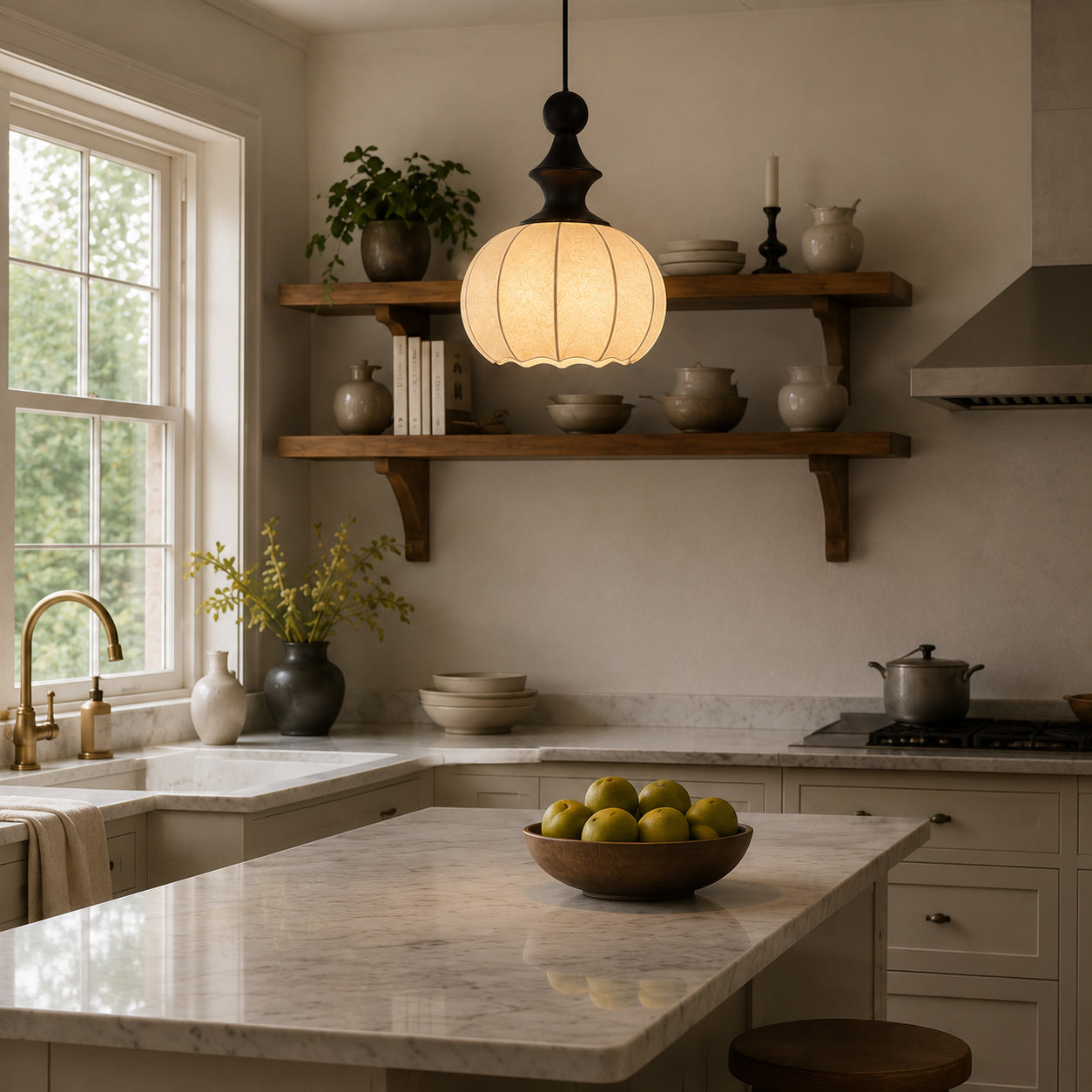 Ribbed Silk Lantern Pendant Light with Wood Cap