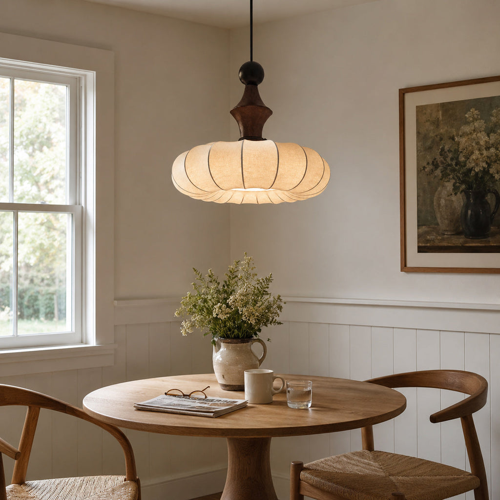 Ribbed Silk Lantern Pendant Light with Wood Cap