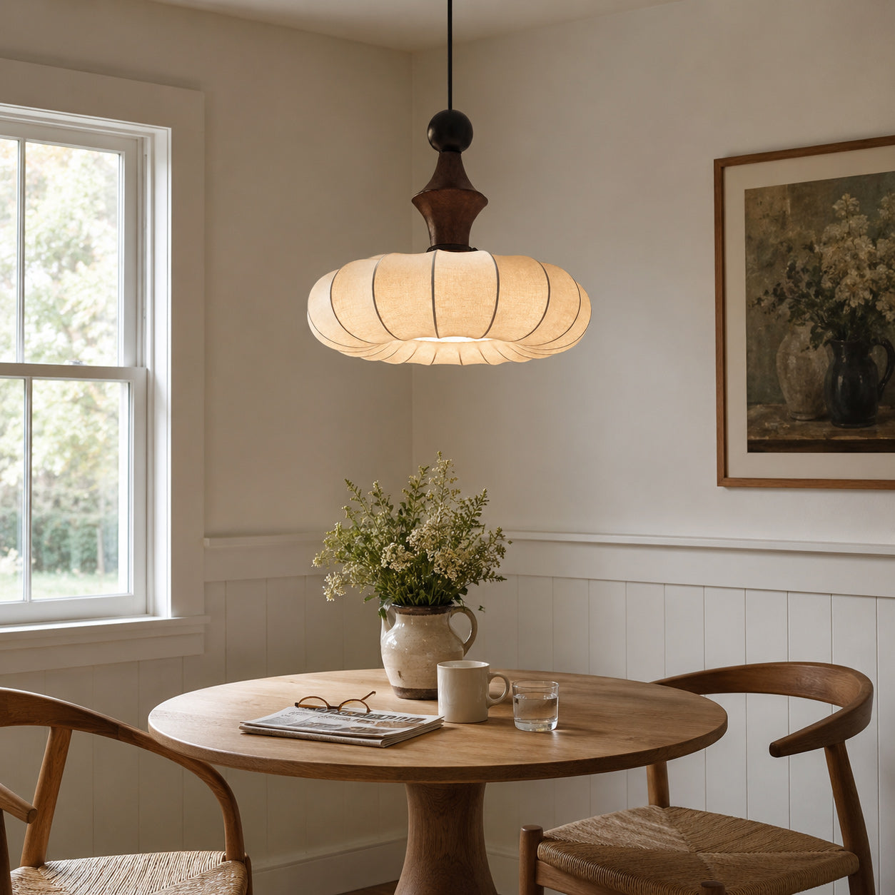 Ribbed Silk Lantern Pendant Light with Wood Cap