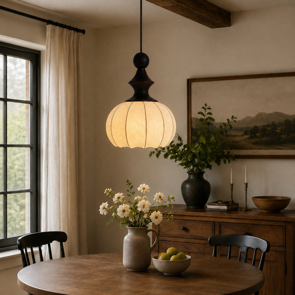 Ribbed Silk Lantern Pendant Light with Wood Cap