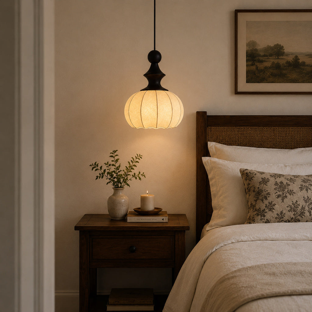 Ribbed Silk Lantern Pendant Light with Wood Cap
