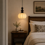 Ribbed Silk Lantern Pendant Light with Wood Cap
