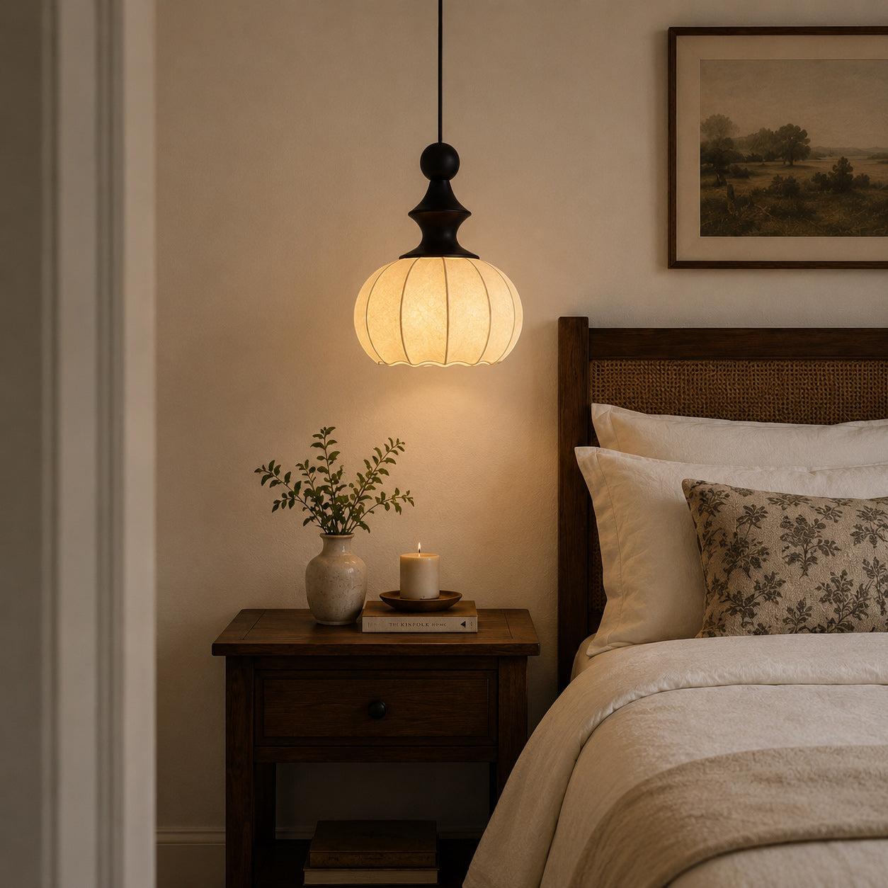 Ribbed Silk Lantern Pendant Light with Wood Cap