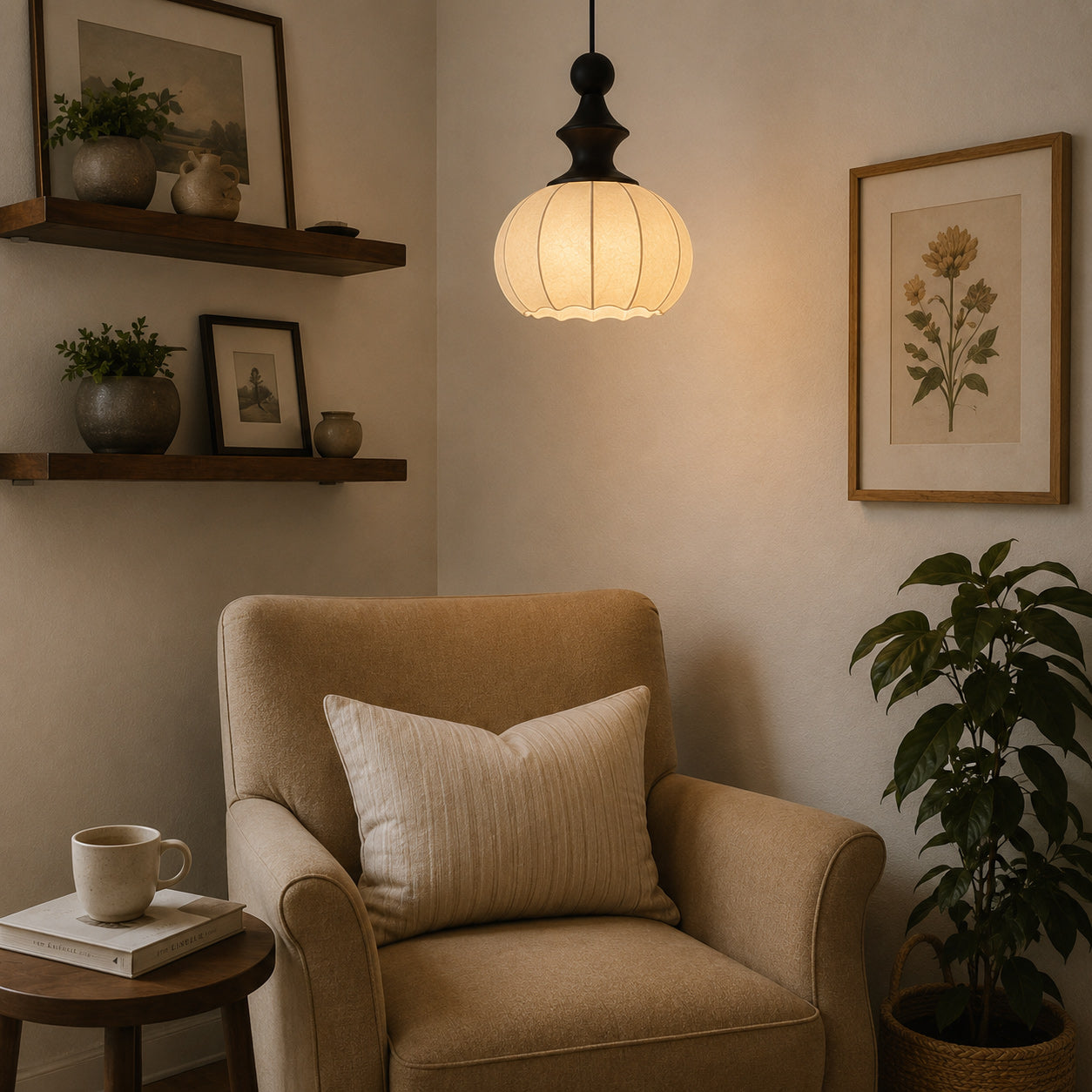 Ribbed Silk Lantern Pendant Light with Wood Cap