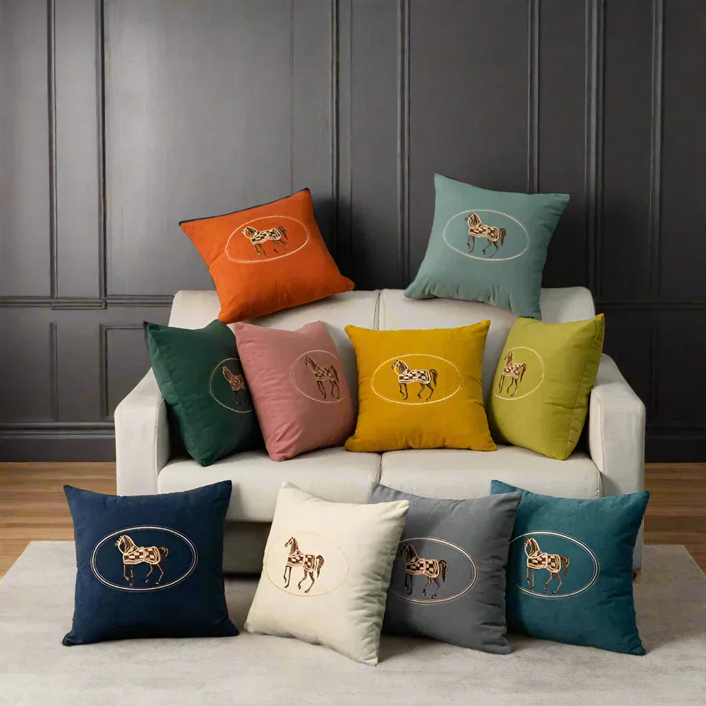 Bela Velvet Cushion Cover | Embroidered Horse Design, 45x45 cm