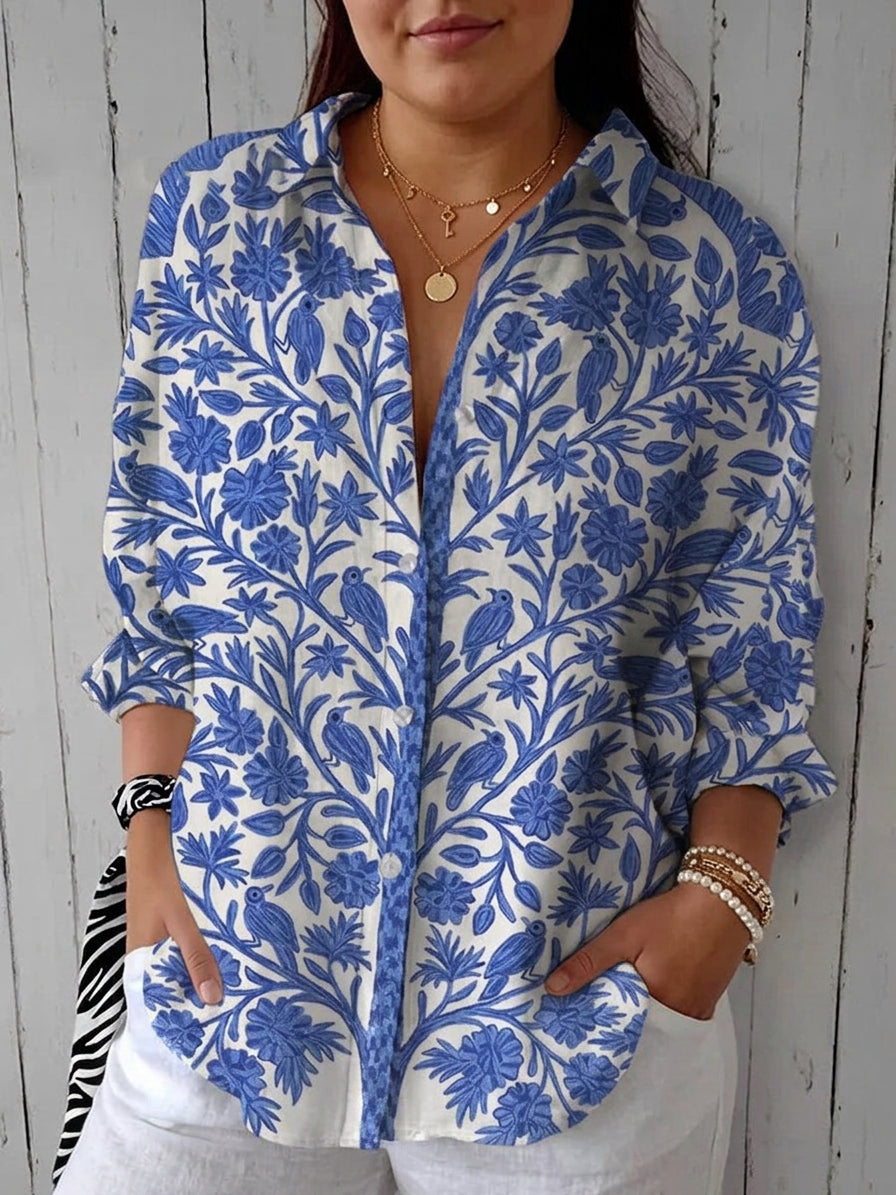 Stylish Blouse for Women Floral-Print Collared Long-Sleeve — Blue