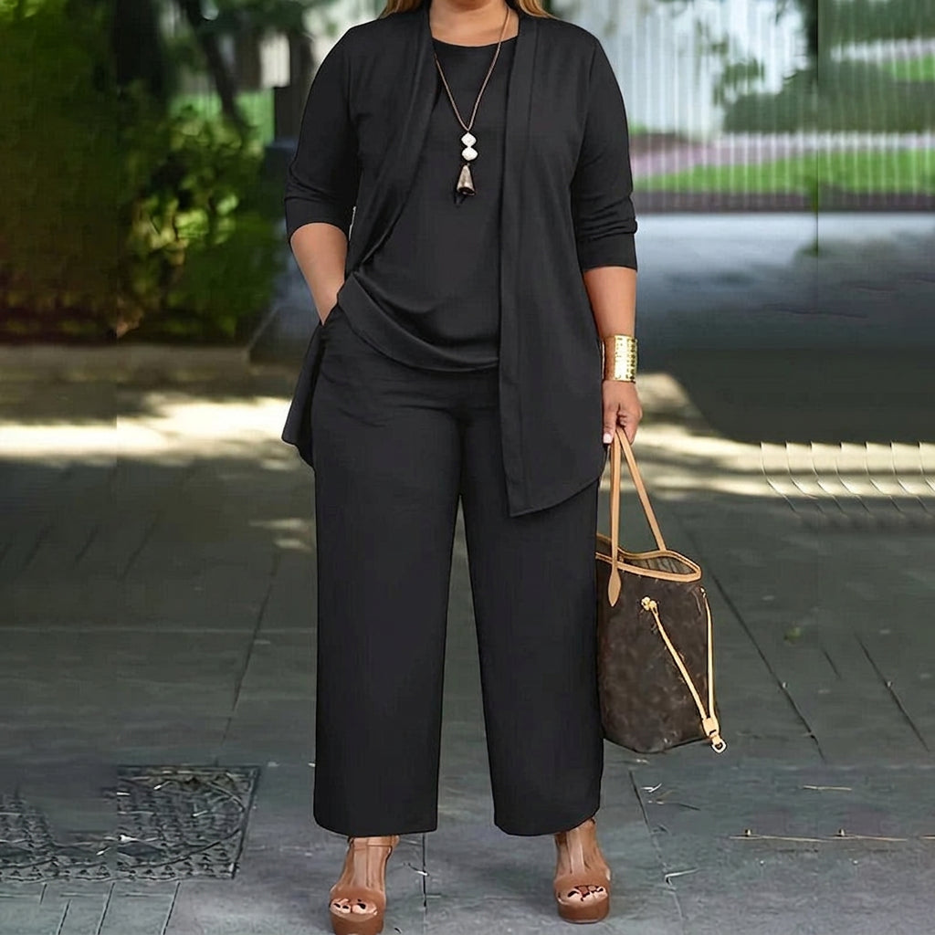 Elegant Three-Piece Set for Women Short-Sleeve Cardigan Wide-Leg