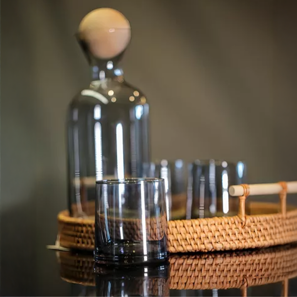 Bela Glass Decanter Set | Borosilicate Jug with 4 Grey Glasses
