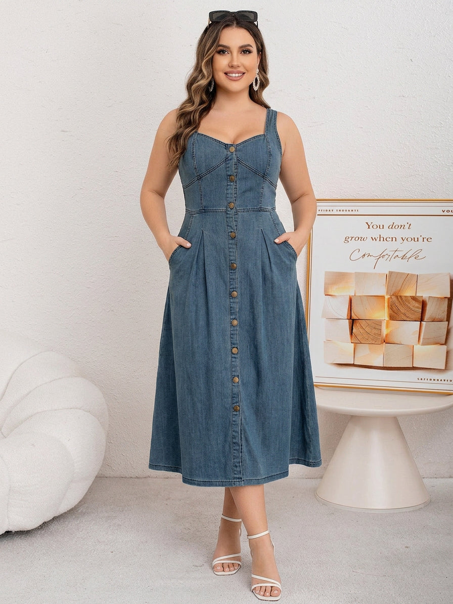 Effortless Midi Dress for Women Sweetheart-Neck Button-Front Pocketed
