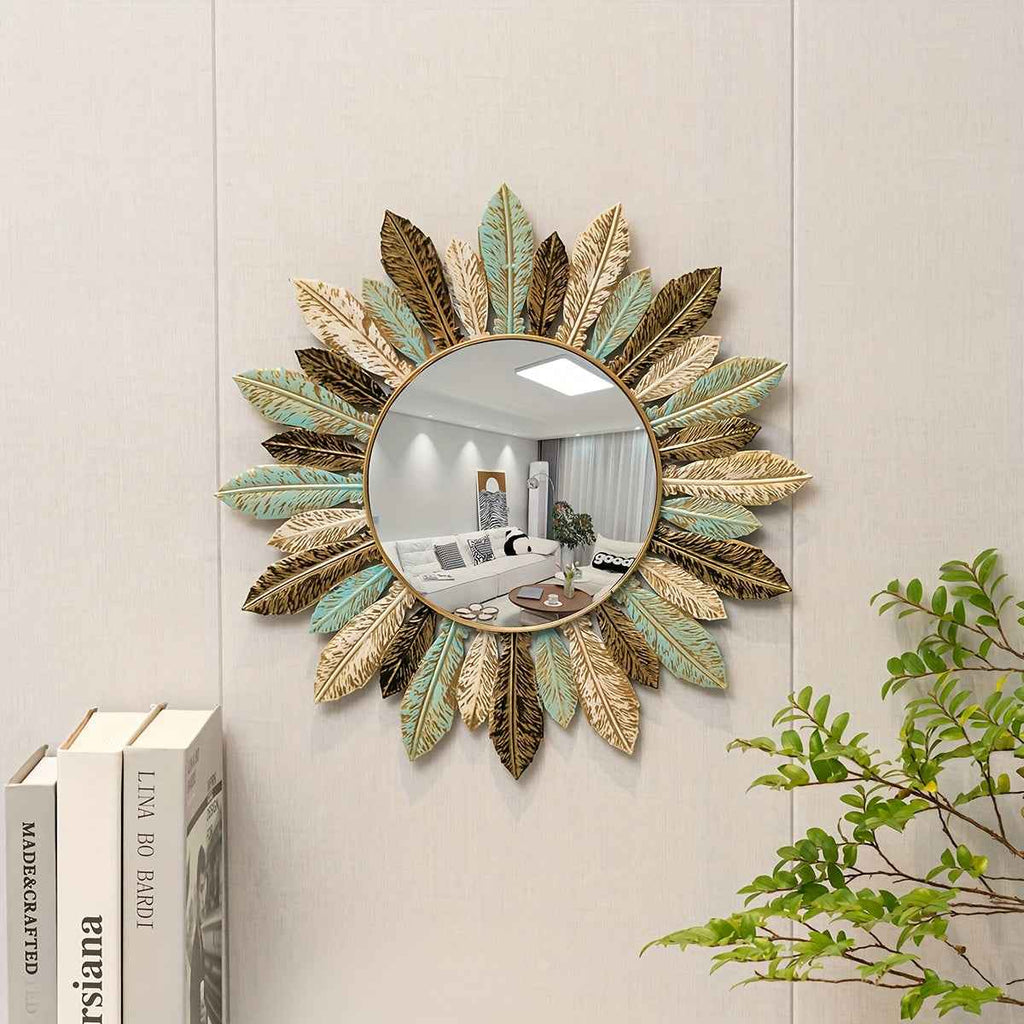 Bela Sunburst Mirror | Handcrafted Metal, Teal & Gold Design