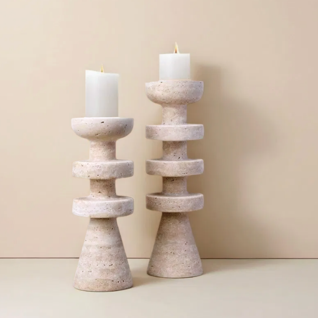 Alfi Candle Holder | Travertine Stone, Two-Tiered Design