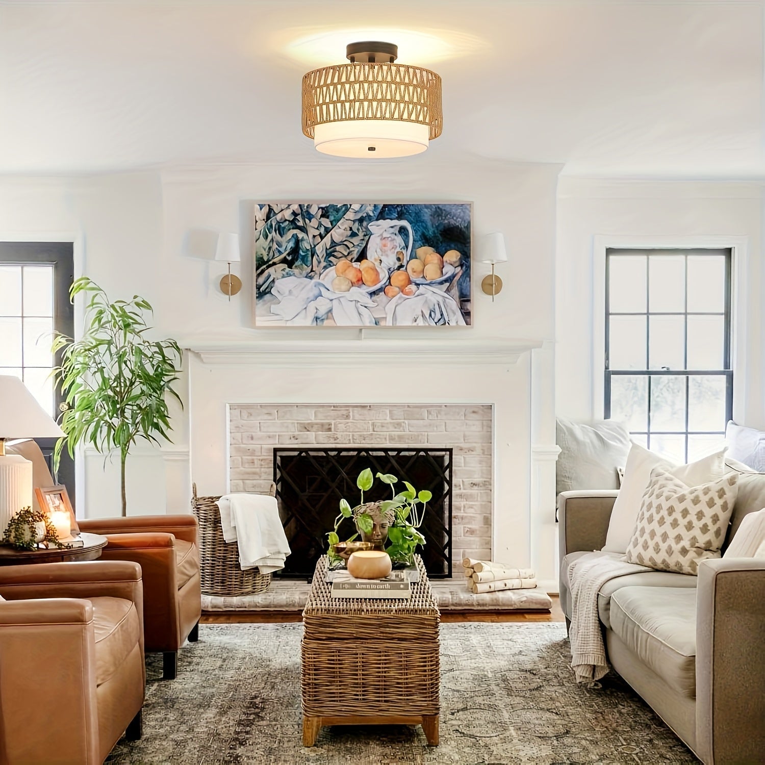 Bela Rattan Ceiling Light | Semi-Flush Mount with Linen Shade