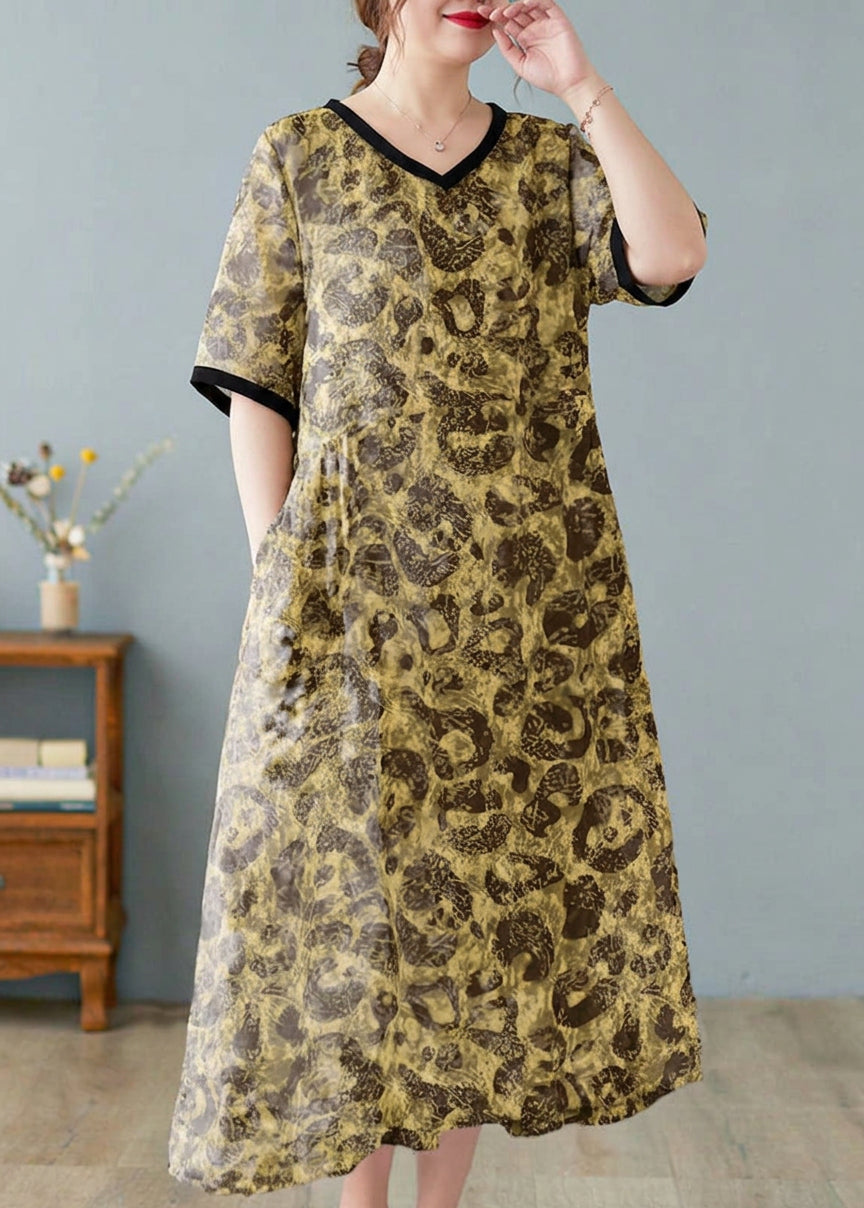 Effortless Maxi Dress for Women V-Neck Floral-Print Short-Sleeve