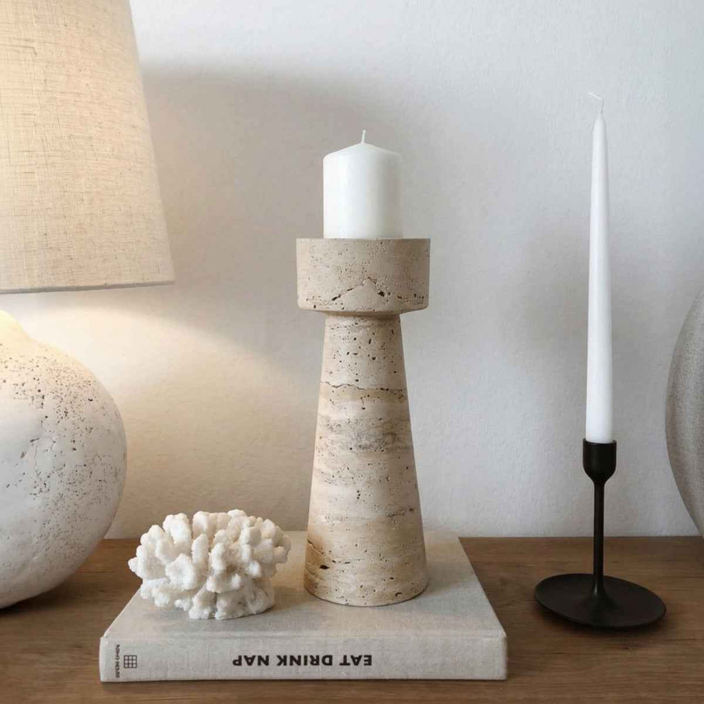 Bela Travertine Marble Candle Holder | Sculptural Design, 25 cm Height