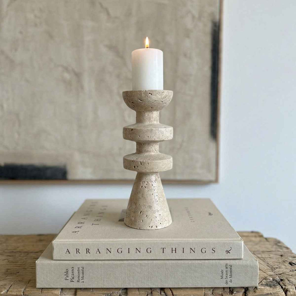 Alfi Candle Holder | Travertine Stone, Two-Tiered Design