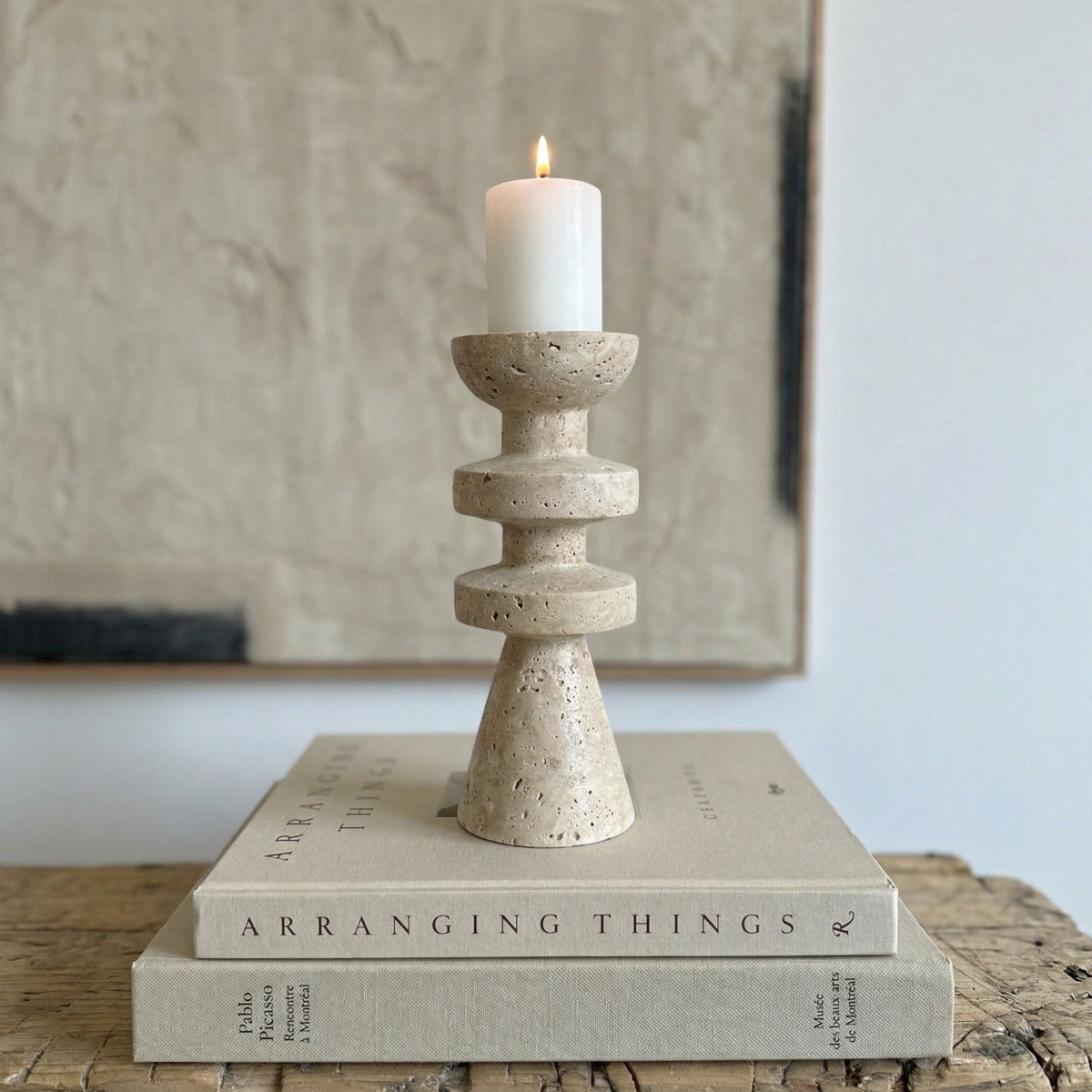 Alfi Candle Holder | Travertine Stone, Two-Tiered Design