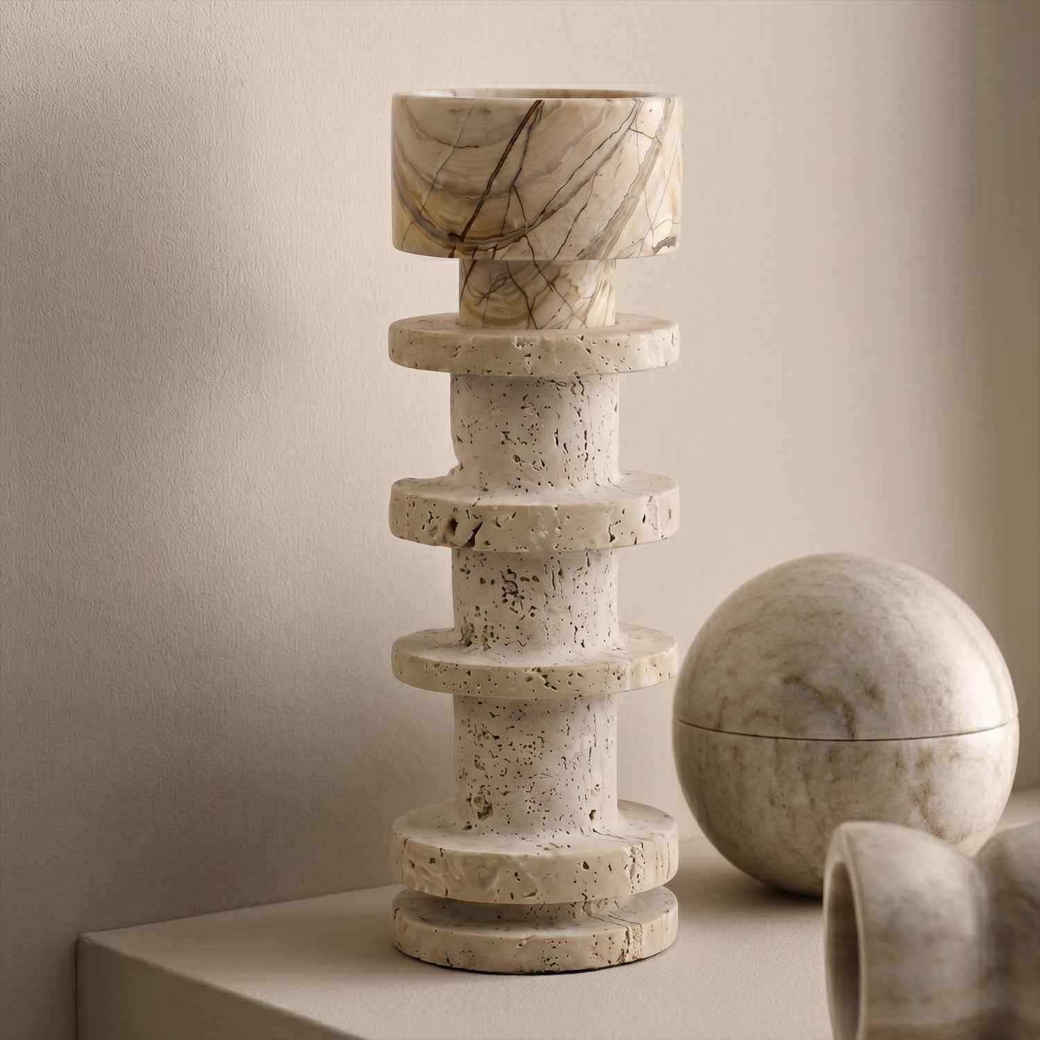 Bello Travertine Candelabrum | Five Rings, Natural Matte Finish