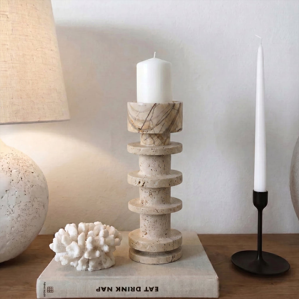 Bello Travertine Candelabrum | Five Rings, Natural Matte Finish