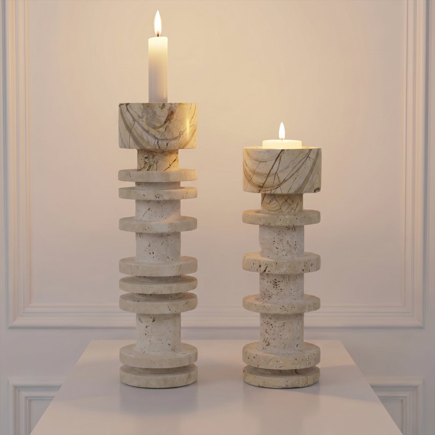 Bello Travertine Candelabrum | Classical Column Design, 32 cm